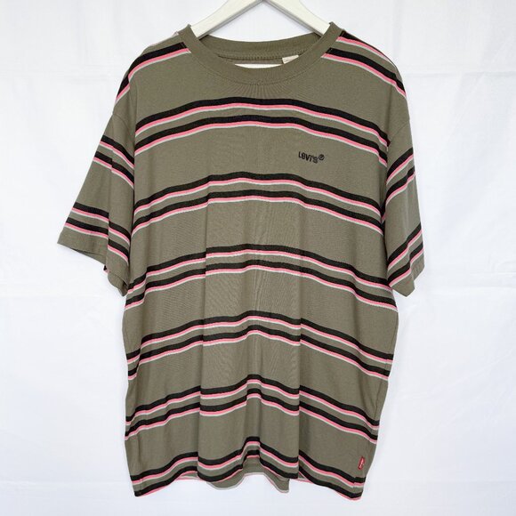 Levis Olive Green Pink Stripe T-Shirt - Picture 1 of 4